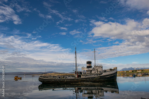 Landscape view of Saint Christopher ship on the Beagle Channel bay in Ushuaia, Tierra del Fuego, Argentina