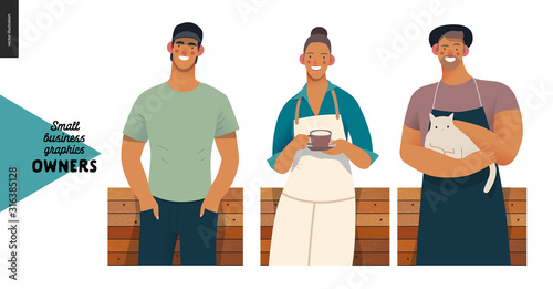 Owners -small business owners graphics. Modern flat vector concept illustrations - young woman wearing white apron, with cup, young man with cat, young man baseball cap, standing at the wooden counter