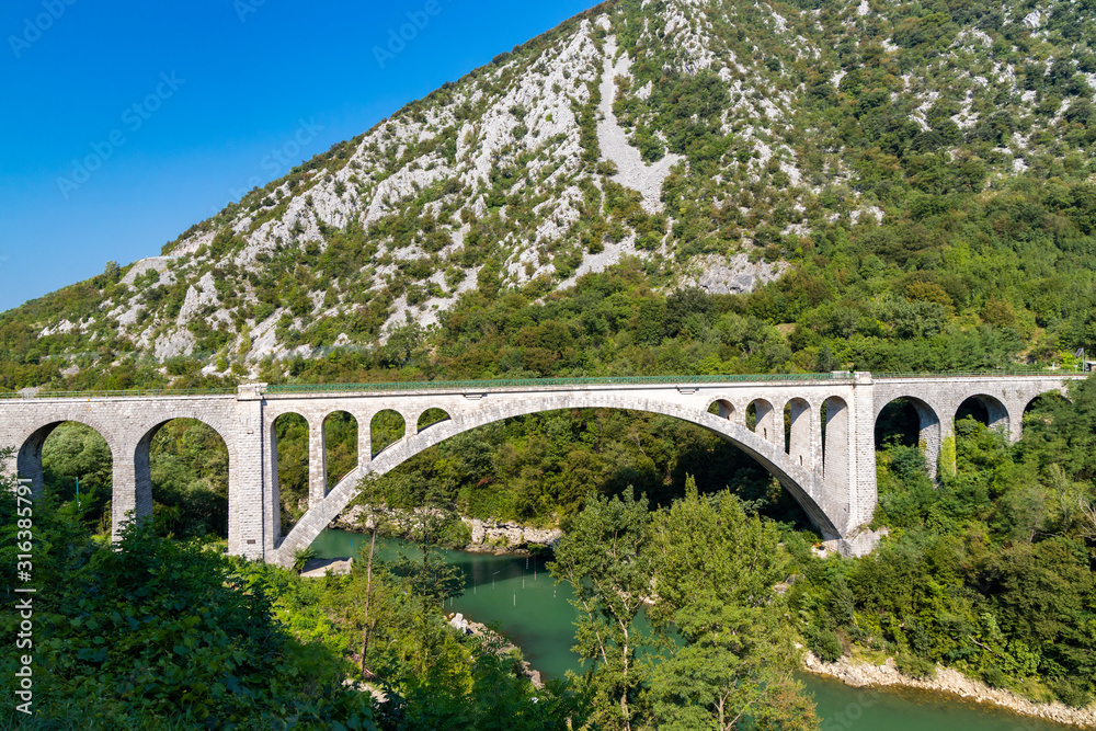 Solkan bridhe on the River Soca, Slovenia