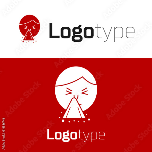 Red Man holding handkerchief or napkin to his runny nose icon isolated on white background. Coryza desease symptoms. Logo design template element. Vector Illustration