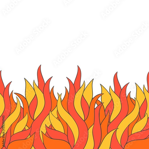 Flame seamless border in doodle style. Colorful fire with space for text.