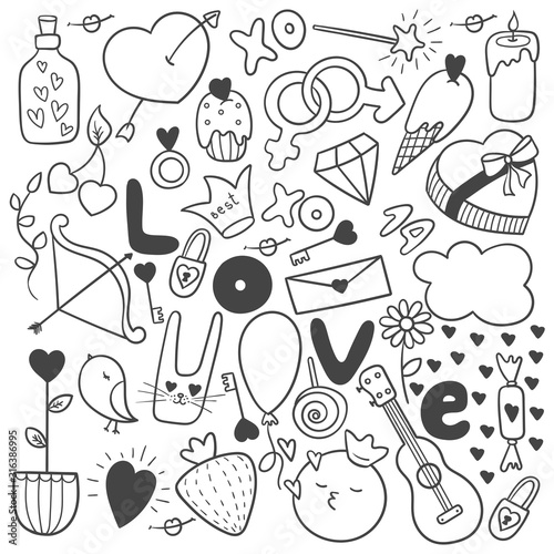 Valentine's Day doodle set with sweets and hearts. Collection of cute romantic objects in outline. Easy to change color.