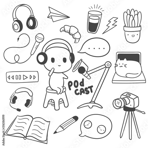 Doodle illustration of cute chibi character recording podcast. Technology objects in outline. Easy to change colors.