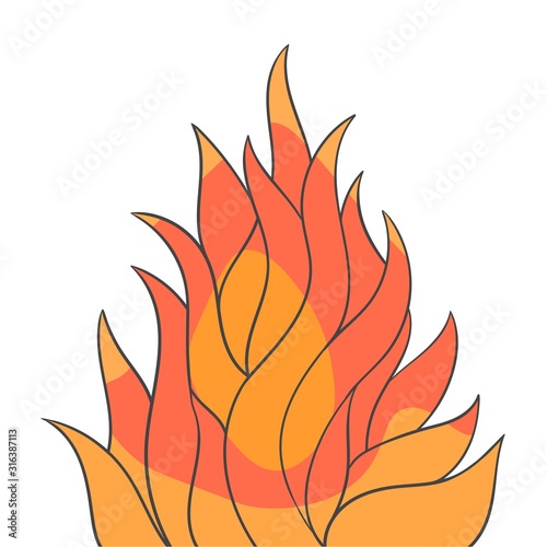 Isolated flame, doodle design element in color. Fire in cartoon style.
