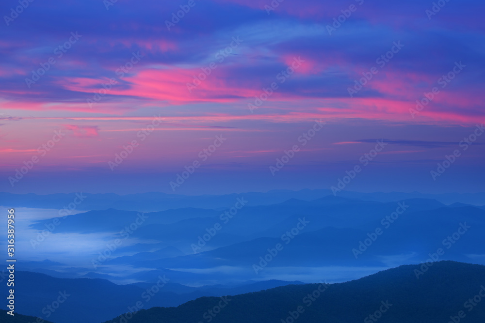 Landscape at dawn from Clingmans Dome, Great Smoky Mountains National Park, Tennessee, USA