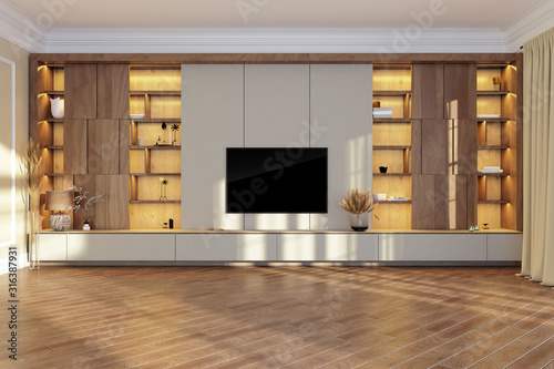 TV unit in living room interior with black TV on the wall. Illuminated shelves. 3d render photo