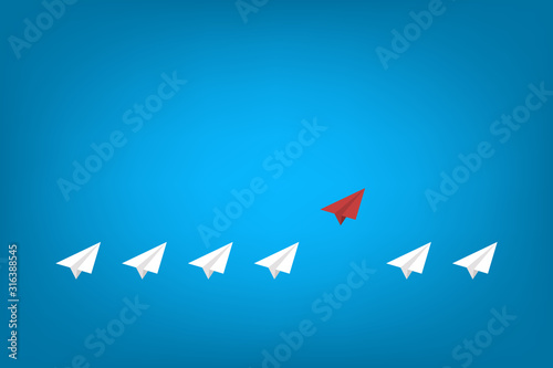Red Paper Airplane Leading White Paper Airplanes. Leadership Concept With Paper Planes.