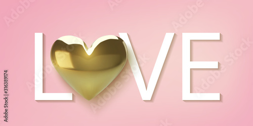 Happy Valentines Day greeting card. Realistic 3d gold metallic hearts and text on pink background. Love and wedding. Template for products, web banners and leaflets. Vector