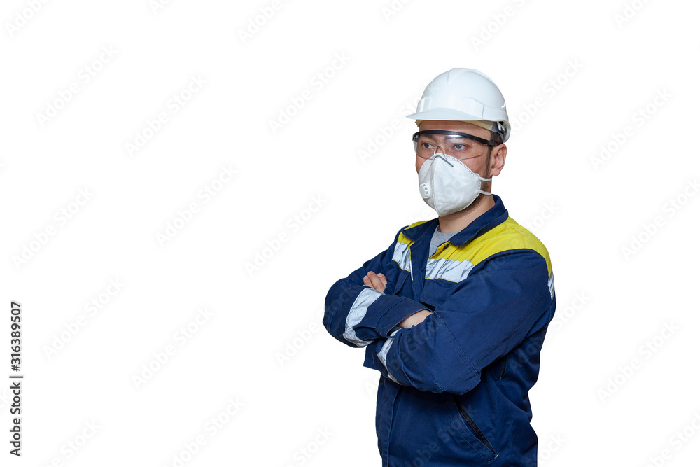 Worker on a white background. protective helmet, respirator and glasses. Personal protective equipment