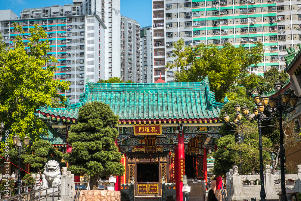 Traditional, old Chinese architecture in Wong Tai Sin Temple, a landmark in Hong Kong