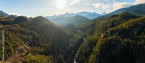 Aerial Panoramic View of the Famous Scenic Drive, Sea to Sky Highway, during a sunny evening before sunset. Located between Squamish and Whistler, North of Vancouver, British Columbia, Canada. © edb3_16