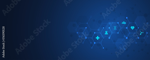 Healthcare and technology concept with flat icons and symbols. Template design for health care business, innovation medicine, science background, medical research. Vector illustration.