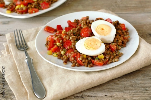 Fresh salad with lentils,tomato,pepper,sweet corn and egg on white plate