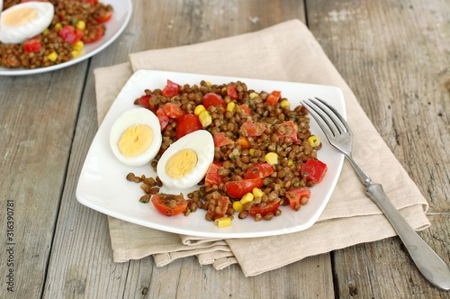 Fresh salad with lentils,tomato,pepper,sweet corn and egg on white plate