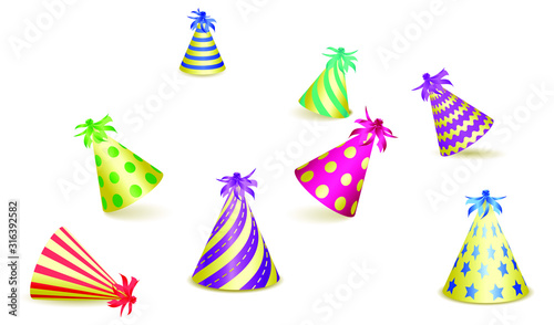 Set of party hats isolated on white background. Design for greeting card or Carnival card. Vector illustration EPS10