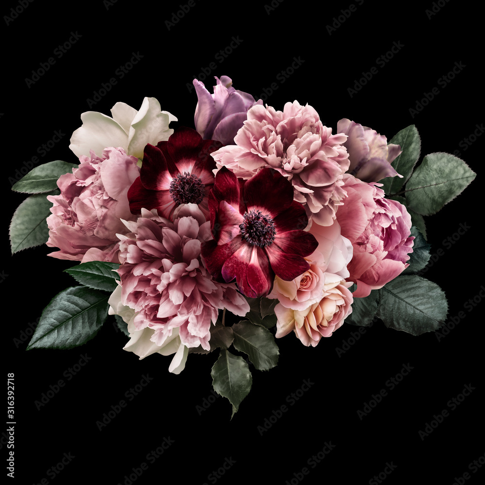 Naklejka premium Dark pink peony, white roses, red anemone, purple tulip isolated on black background. Floral arrangement, bouquet of garden flowers. Can be used for wedding invitations, greeting card.