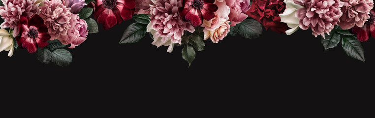 Floral banner, header with copy space. Pink peony, white roses, red anemone, purple tulip isolated isolated on dark background. Natural flowers wallpaper or greeting card.