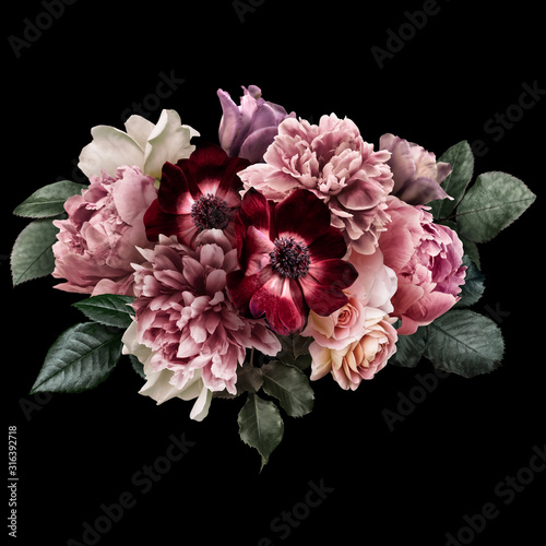 Fototapeta Naklejka Na Ścianę i Meble -  Dark pink peony, white roses, red anemone, purple tulip isolated on black background. Floral arrangement, bouquet of garden flowers. Can be used for wedding invitations, greeting card.