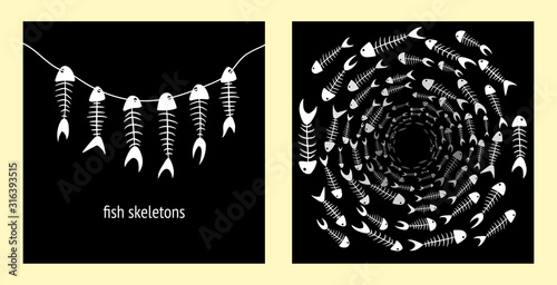 set of two illustrations with white fish skeletons