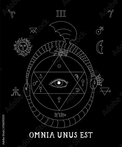 Alchemy. All-seeing eye occult symbol. Mystical black background. Occultism, alchemy, mysticism. Card, poster, t-shirt print.