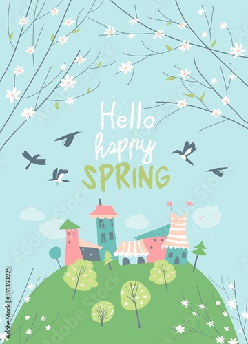 Cute little town in blossom trees. Hello spring