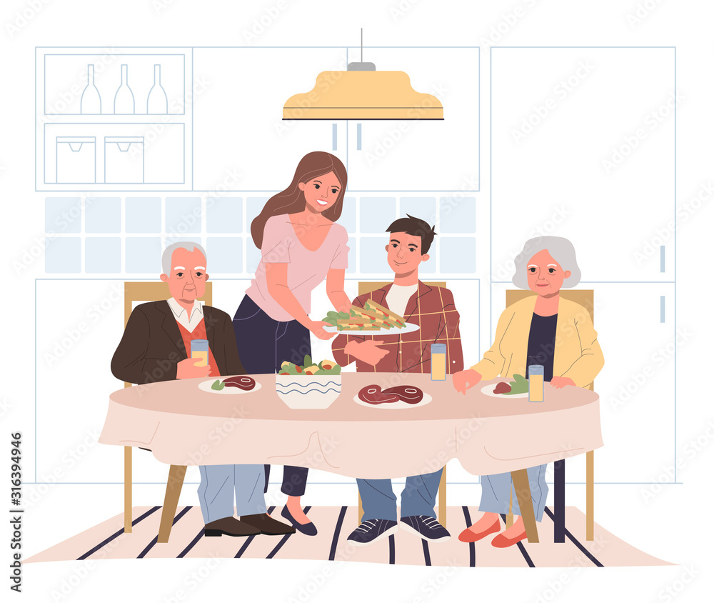 Family dinner at home. Young and senior couple eating together at dining table flat vector illustration. Generation, holiday, parents concept for banner, website design or landing web page Family dinner at home. Young and senior couple eating together at dining table flat vector illustration. Generation, holiday, parents concept for banner, website design or landing web page