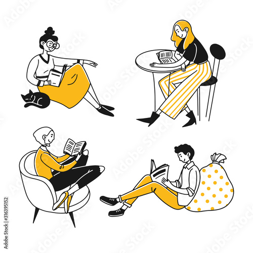 Fototapeta Naklejka Na Ścianę i Meble -  Students or book readers. People reading books, newspapers at home or cafe flat vector illustration. Knowledge, leisure, studying concept for banner, website design or landing web page