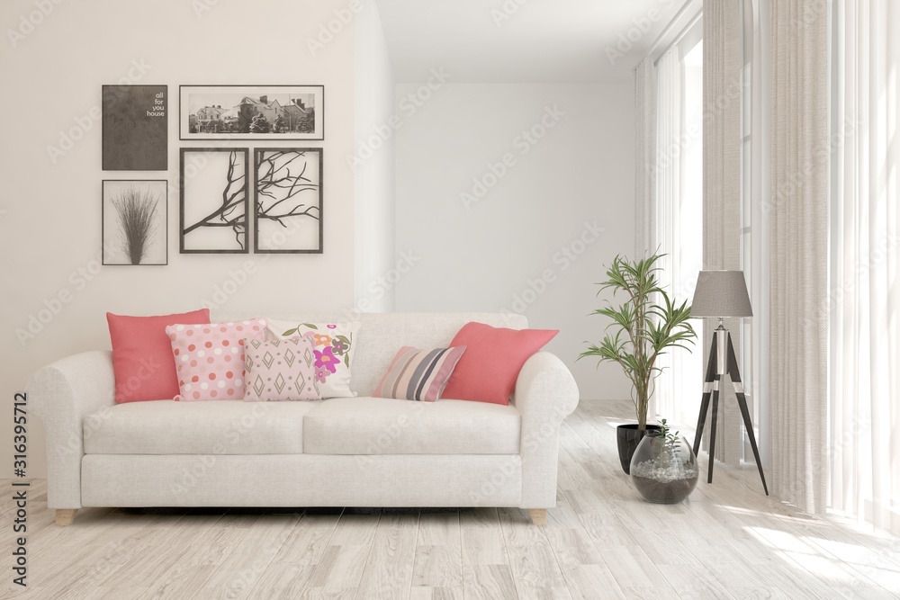 Stylish room in white color with sofa. Scandinavian interior design. 3D illustration Stylish room in white color with sofa. Scandinavian interior design. 3D illustration