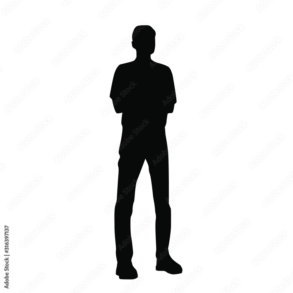 Vector silhouette of a man standing,  black color, isolated on a white background