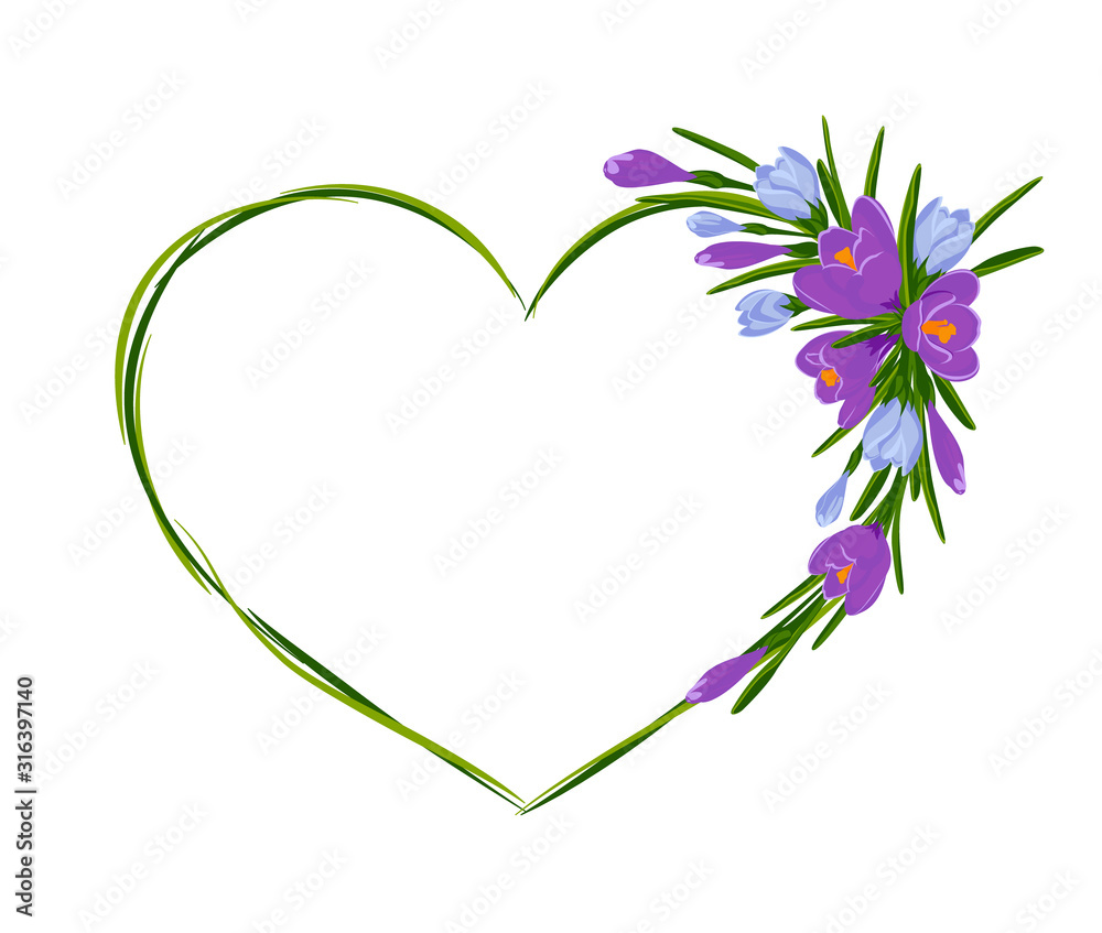 Beautiful heart frame with bouquet of crocuses. Vector illustration. Spring frame of violet and blue flowers and green leaves on white background
