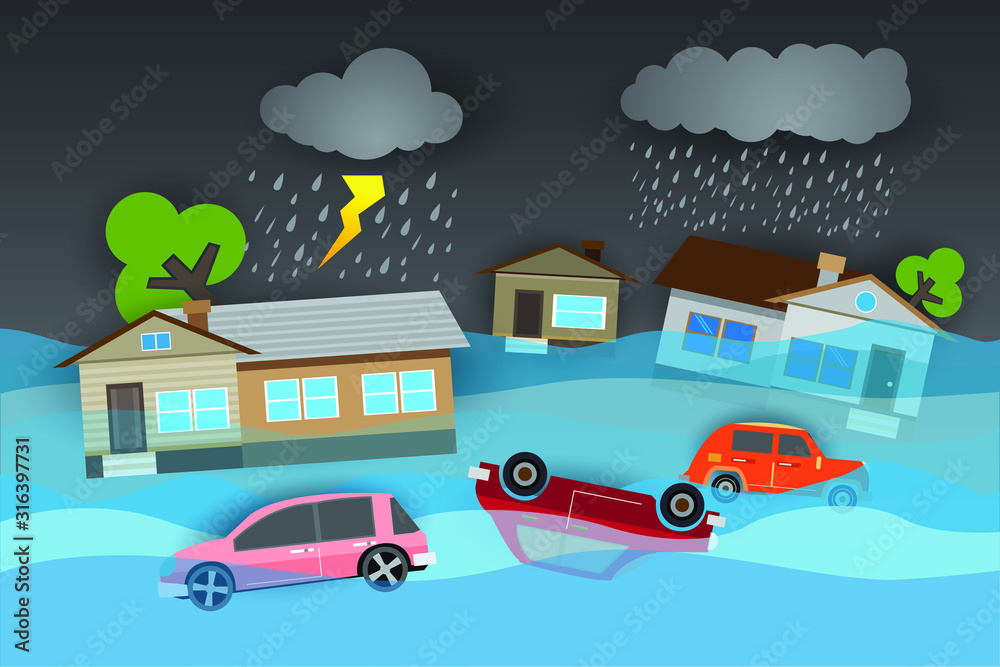 Flood disaster, flooding water in city street, vector design