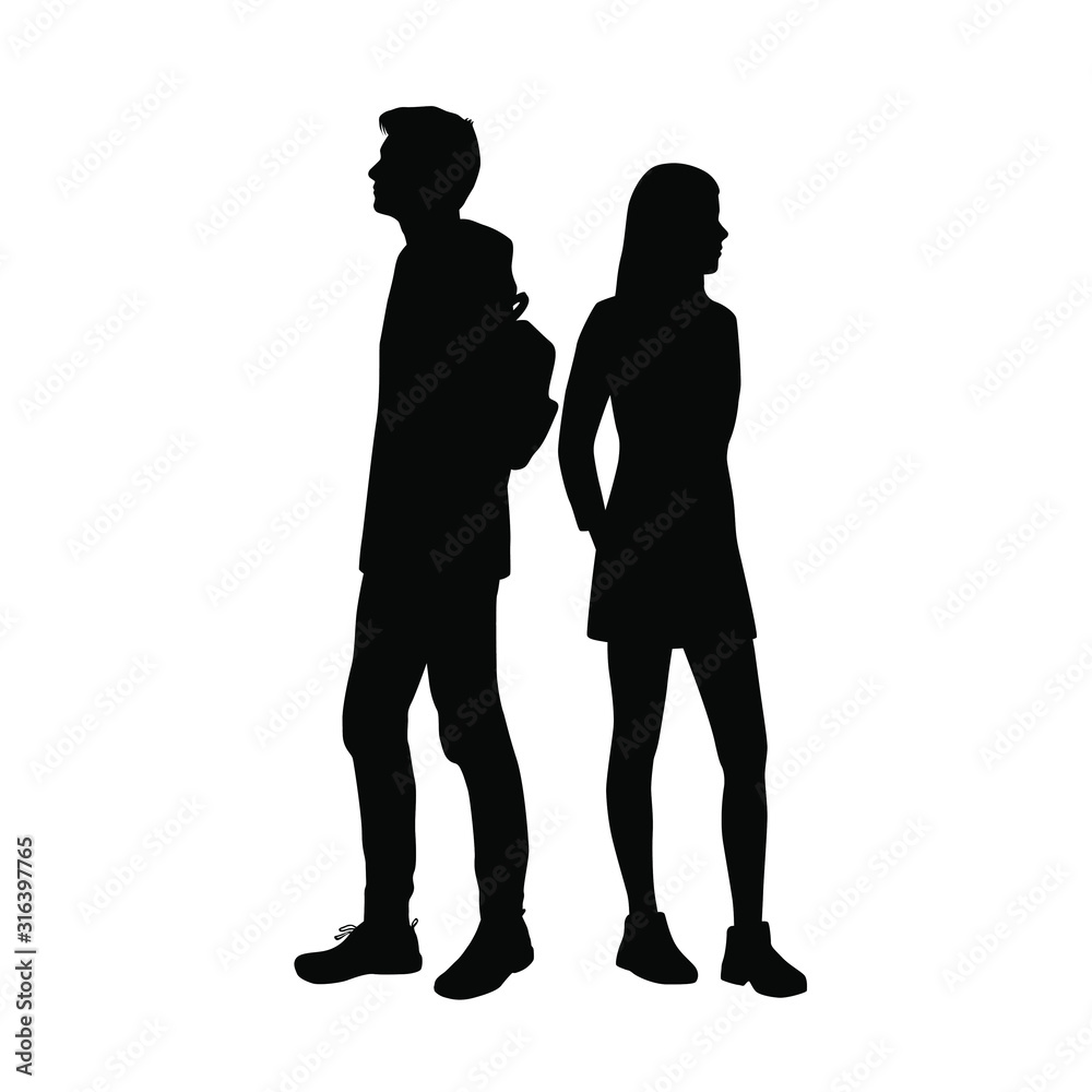 Vector silhouettes of  man and a woman, a couple of standing business people, profile, black color isolated on white background