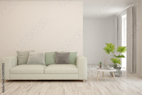 Stylish room in white color with sofa. Scandinavian interior design. 3D illustration © AntonSh