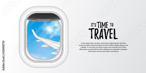 it's time to travel poster banner template. illustration of porthole airplane window with blue sky and airplane wing view.