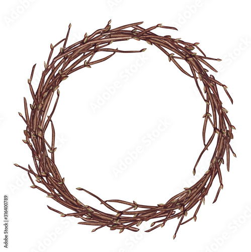 Watercolor illustration of Easter spring wreath with branches, isolated on white background.