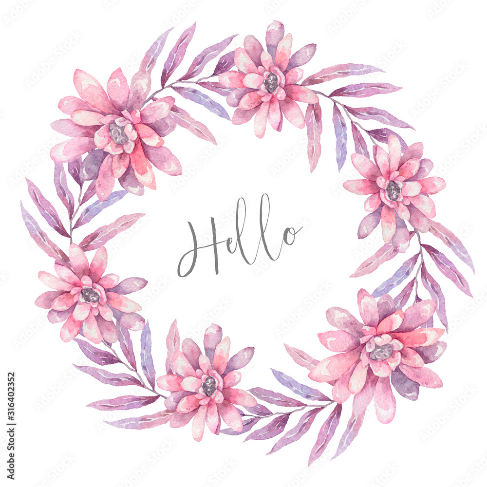 Fototapeta premium Invitation. Wedding or birthday card. Floral frame. Watercolor background with pink flowers and green leaves. Boho style. Beauty isolated bouqet circle frame pink leaf background