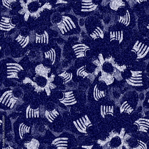  Indigo blue batik dyed daisy flower effect texture background. Seamless japanese repeat pattern swatch. Painterly floral motif bleach dye. Masculine asian fusion all over kimono textile cloth print.
