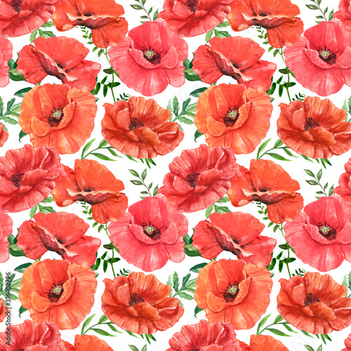 Watercolor poppy flowers botanical seamless pattern. hand painted red poppies with green leaves on white background. Wild flowers meadow illustration for textile  clothes  fabric. natural wallpapers.
