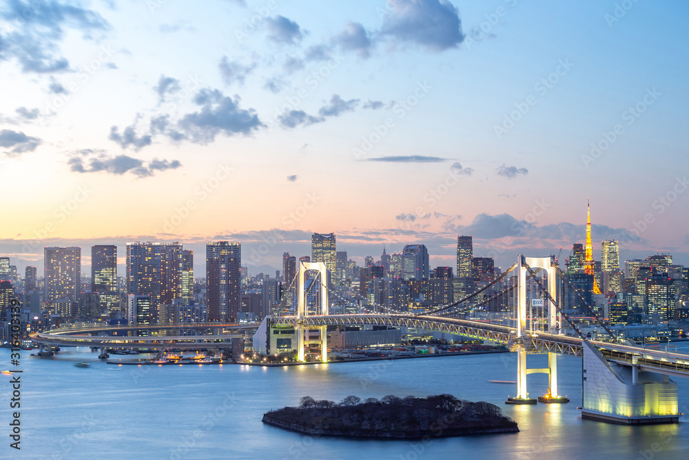 Twillight view of Tokyo Bay , Rainbow bridge and Tokyo Tower landmark