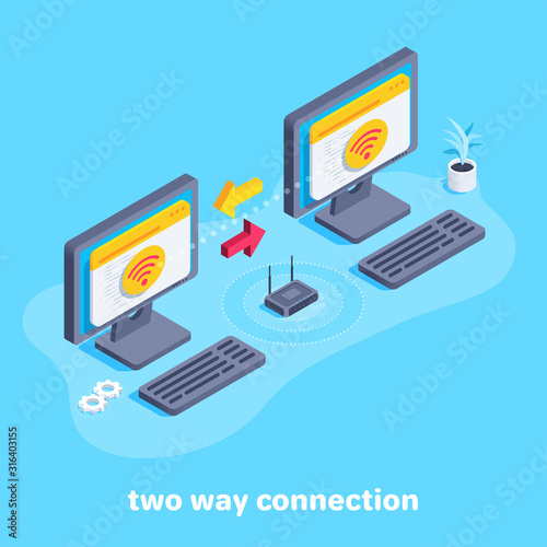 isometric vector image on a blue background, the connection between two computers is wireless, data exchange or synchronization