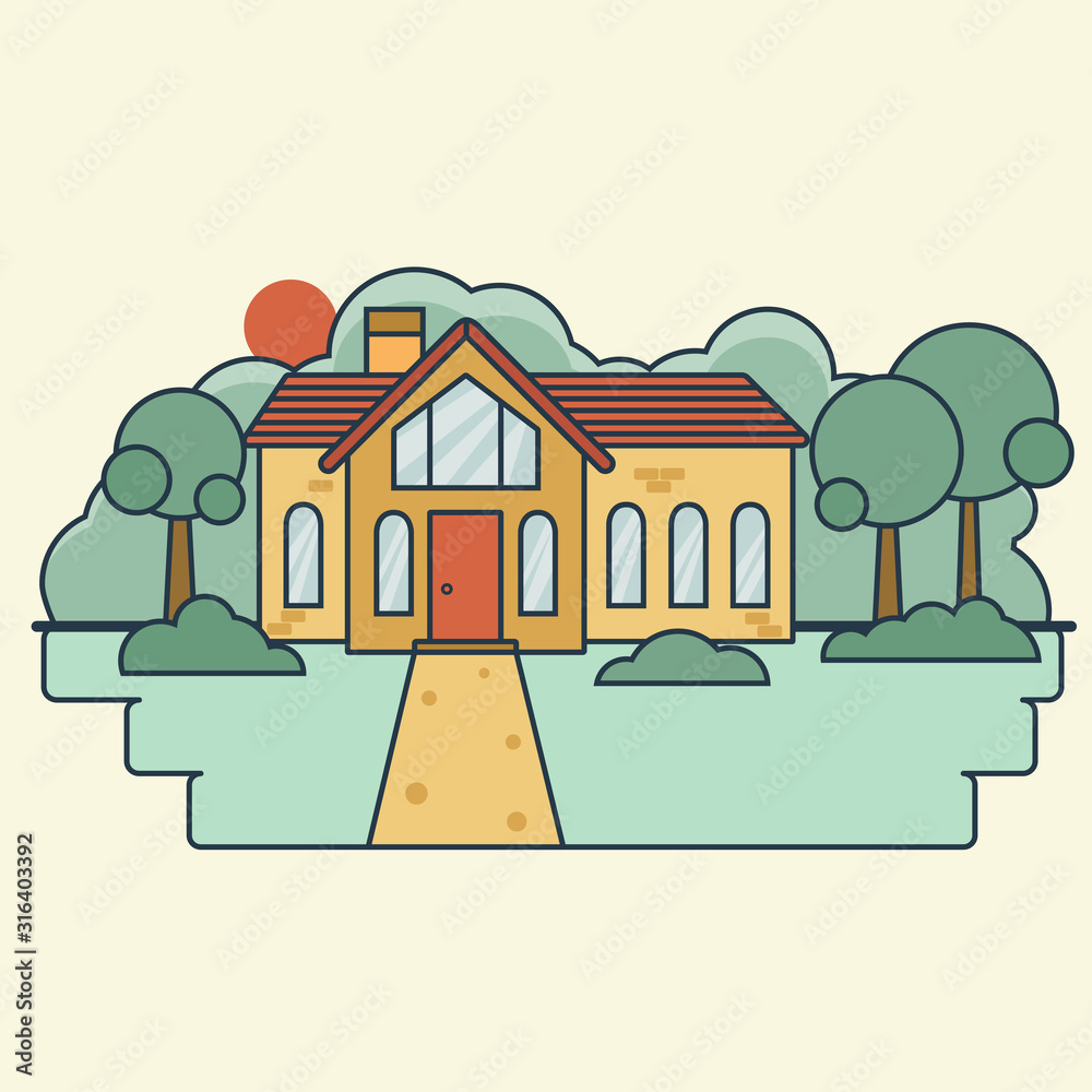 Elegant house in the middle of deciduous forest. Flat style, trees with round crowns. Neat cottages with windows and a red sloping roof. A path leads to the house.
