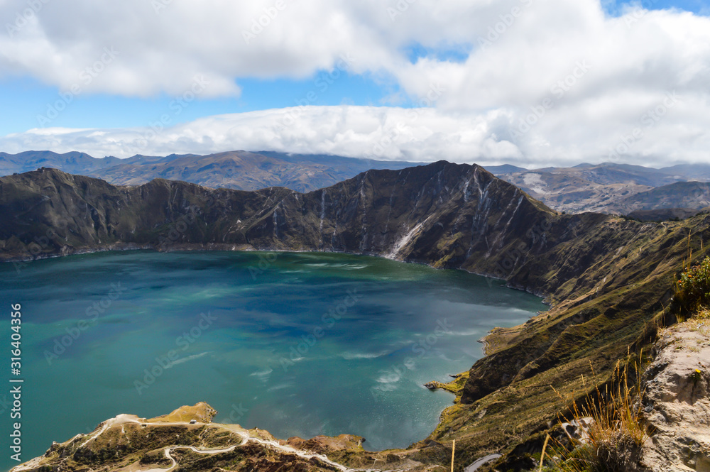Crater of quilotoa volcano, filled with water. cotopaxi, ecuador.