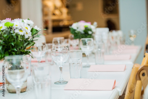 Restaurant table setting for a wedding or birthday