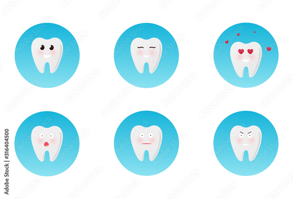 Flat design cartoon cute tooth character with different facial expressions, emotions. Set, collection of emoji isolated on white background. Happy teeth set. Dental collection for your design