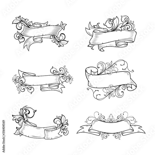 Set of hand drawn banner with floral baroque