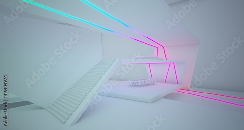 Abstract architectural white interior of a minimalist house with colored neon lighting. 3D illustration and rendering.