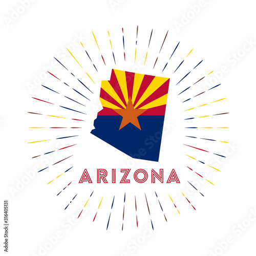Arizona sunburst badge. The US state sign with a map of Arizona and the state flag. Colorful rays around the logo. Vector illustration.