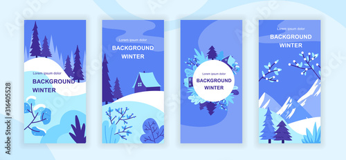 Winter landscape social media stories design templates vector set, backgrounds with copyspace - rural scenery - backdrop for vertical banner, poster, greeting card - winter sceneries concept