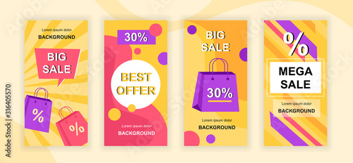 Mega sale social media stories design templates vector set, backgrounds with copyspace - best offer, sell-out - backdrop for vertical banner, advertising poster - big sale, ad campaign concept