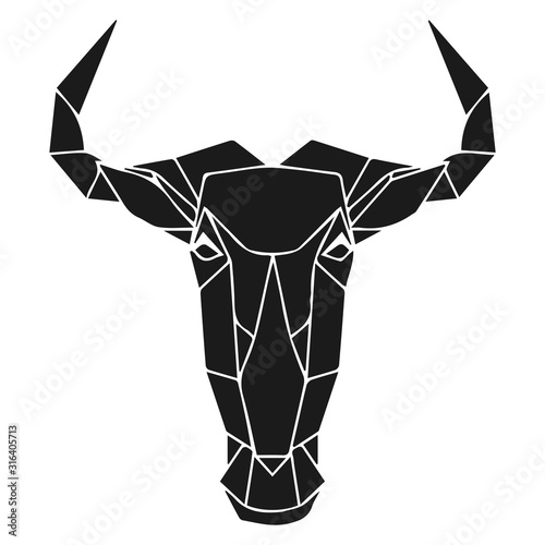 The black geometric head of blue wildebeest, african bull or antelope. Polygonal abstract animal of Africa. Vector illustration.